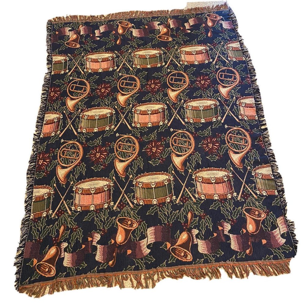 Vintage Blanket Woven Cotton Reversible Winter Christmas French Horns Bell Drums